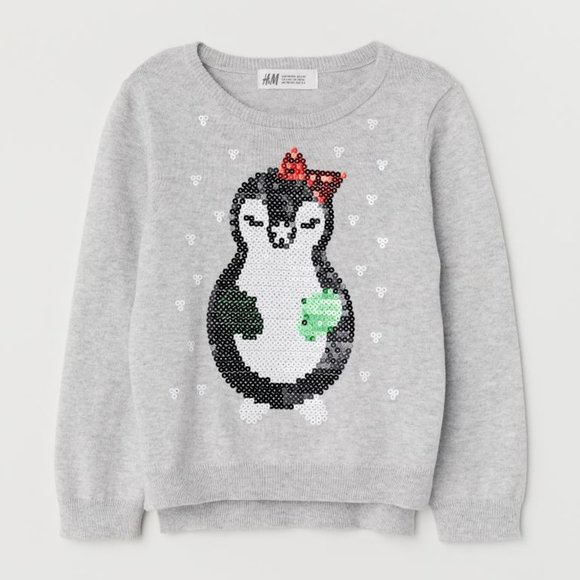 h&m girls Penguin Sequins Fine Holiday Christmas Knit Sweater 2-4 y - Picture 1 of 2